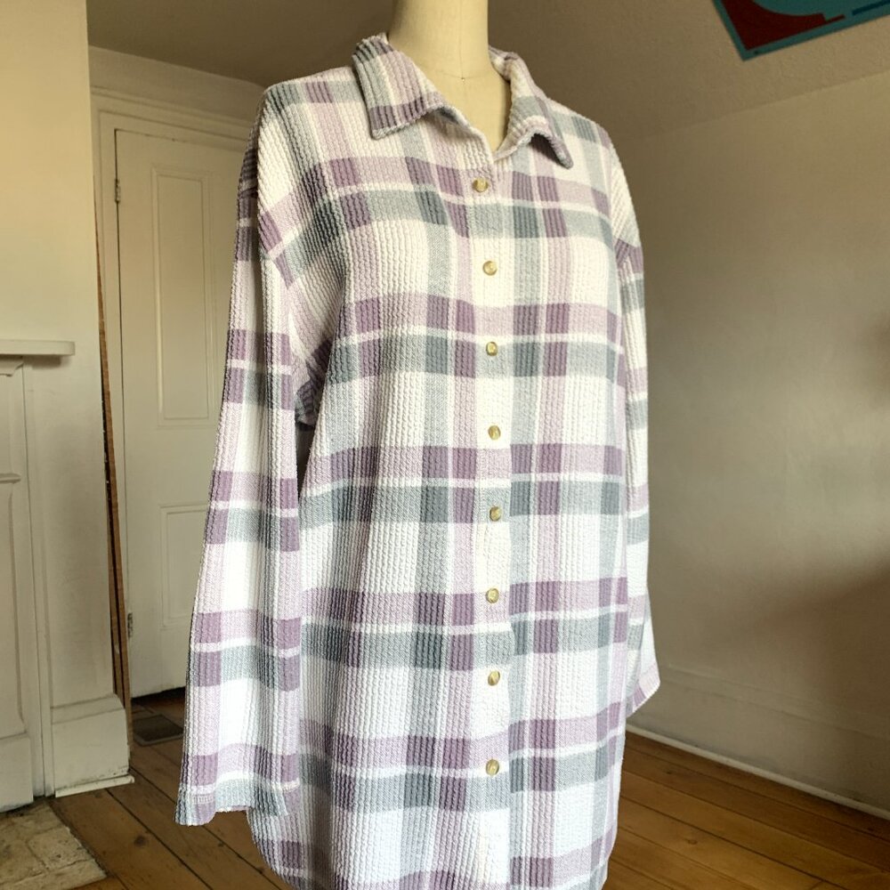 Vtg Allison Brittney Plaid Waffle Knit Button Down Shirt Lavender Oversized M